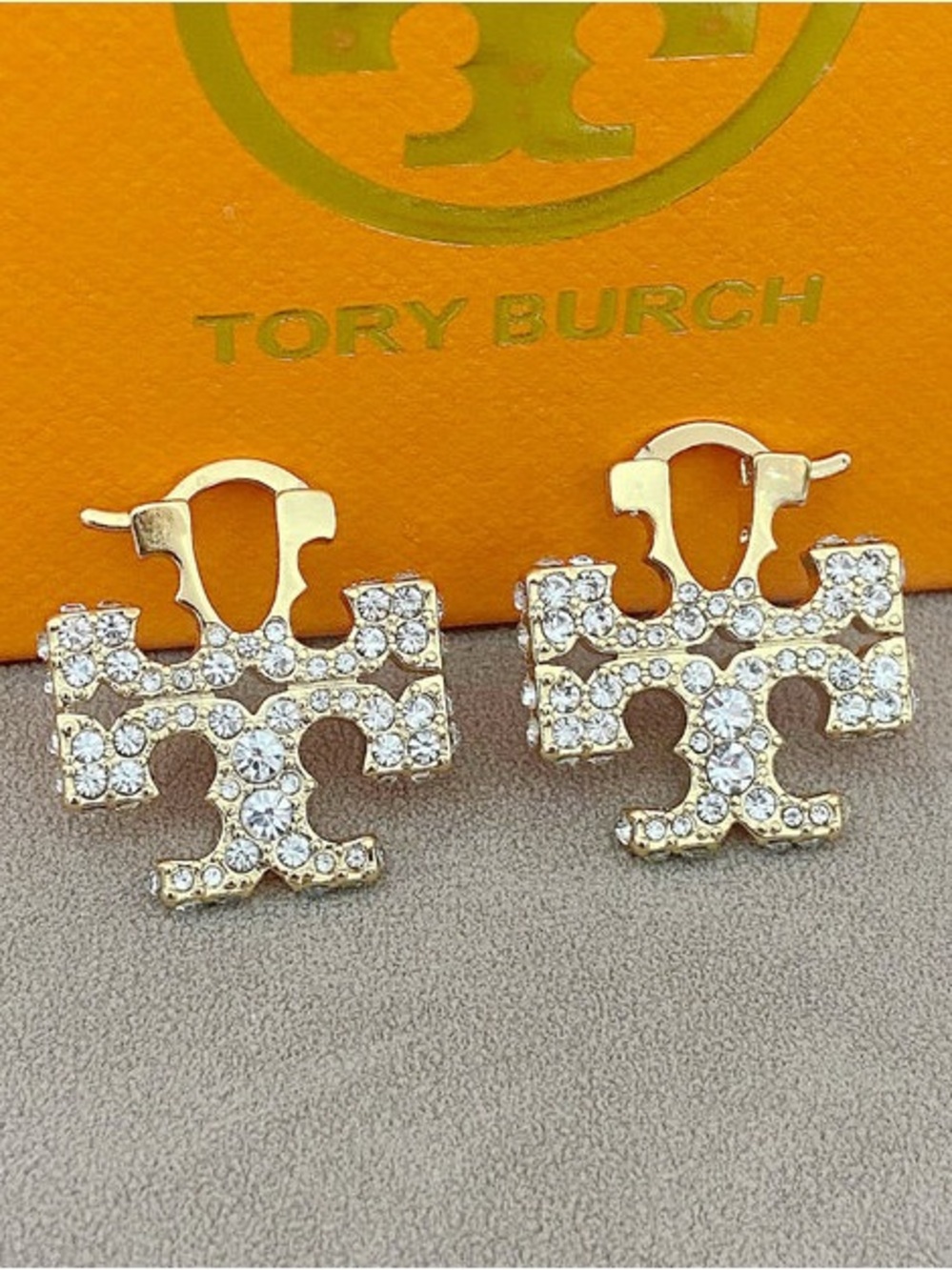 Tory Burch Gold Crystal Logo Clip-On Earrings